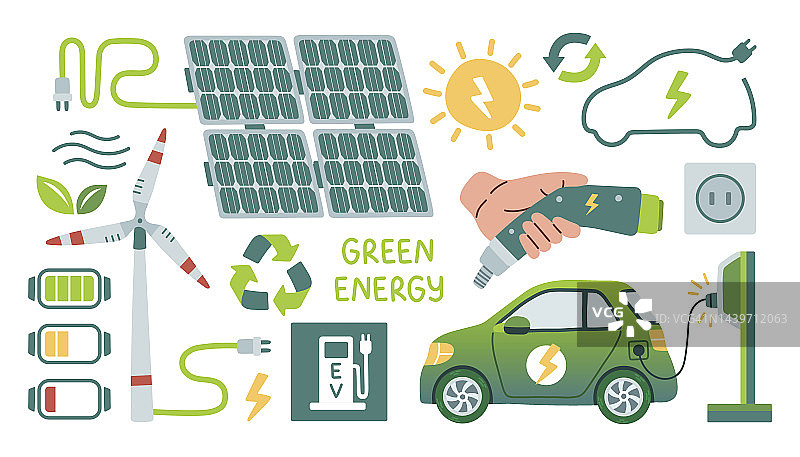 白色背景隔离的绿色能源，风力发电机和太阳能电池，绿色能源，电动汽车和充电，太阳能房子。矢量图图片素材