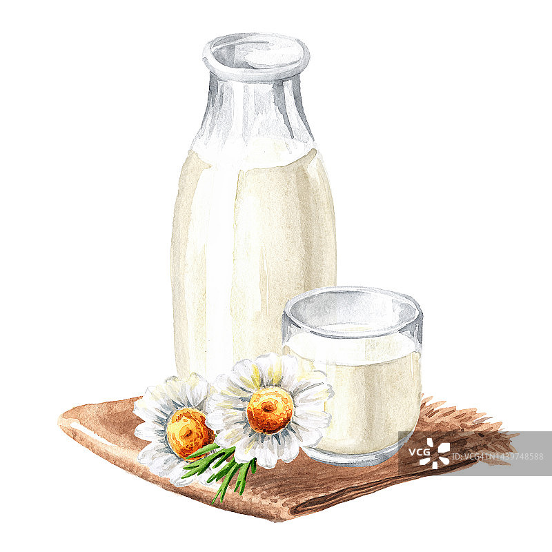 一瓶和一杯牛奶。手绘水彩插图孤立在白色背景图片素材