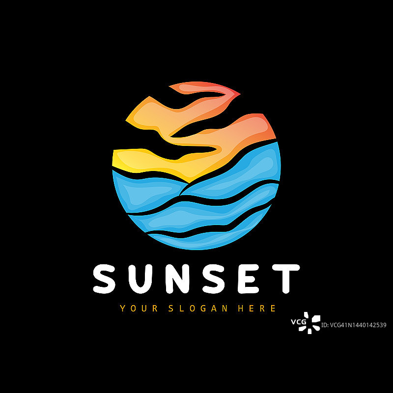 日落标志，海滩设计，河流和太阳插画，矢量享受黄昏图片素材