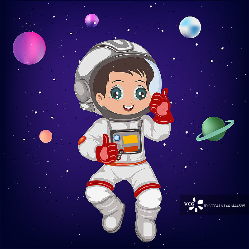 可爱的宇航员卡通与恒星和行星矢量插图图片素材