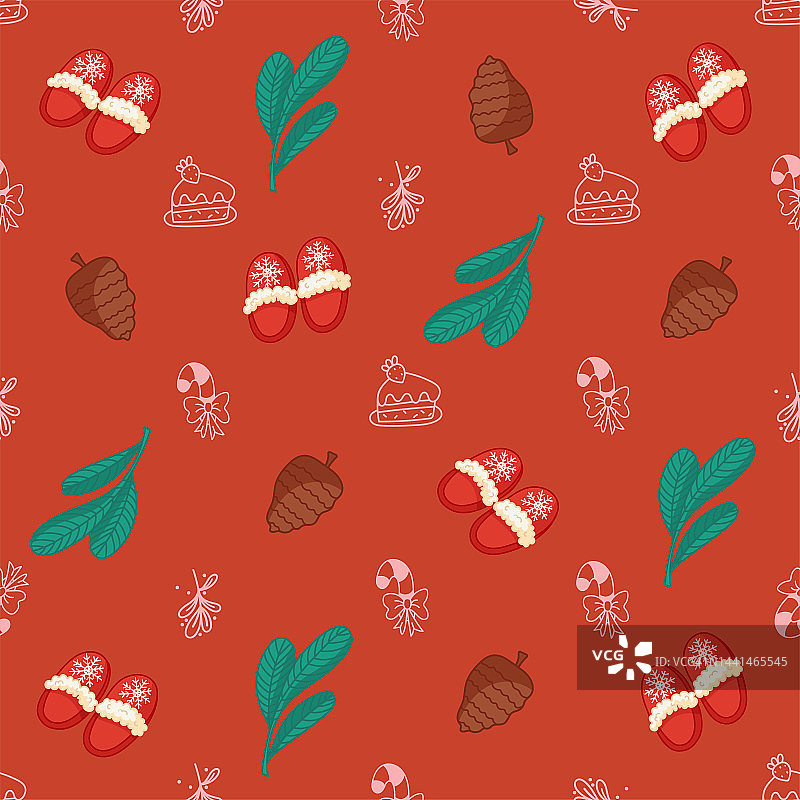 圣诞节，新年图案的拖鞋，冬天的植物，红色背景上的糖果。明亮，节日背景与布朗尼，冷杉枝，浆果，兔子。图片素材