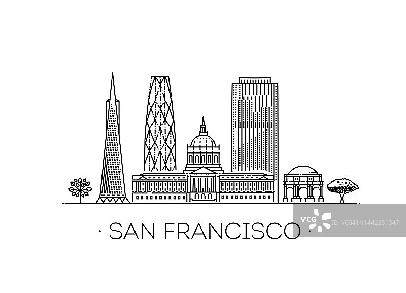 旧金山建筑线天际线插图。线性矢量城市景观与著名的地标图片素材