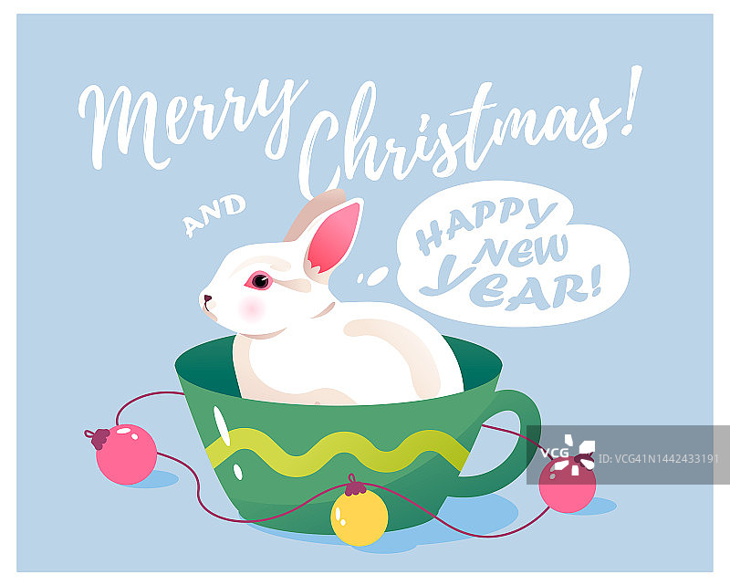 一只戴着圣诞装饰的兔子。圣诞矢量贺卡。图片素材