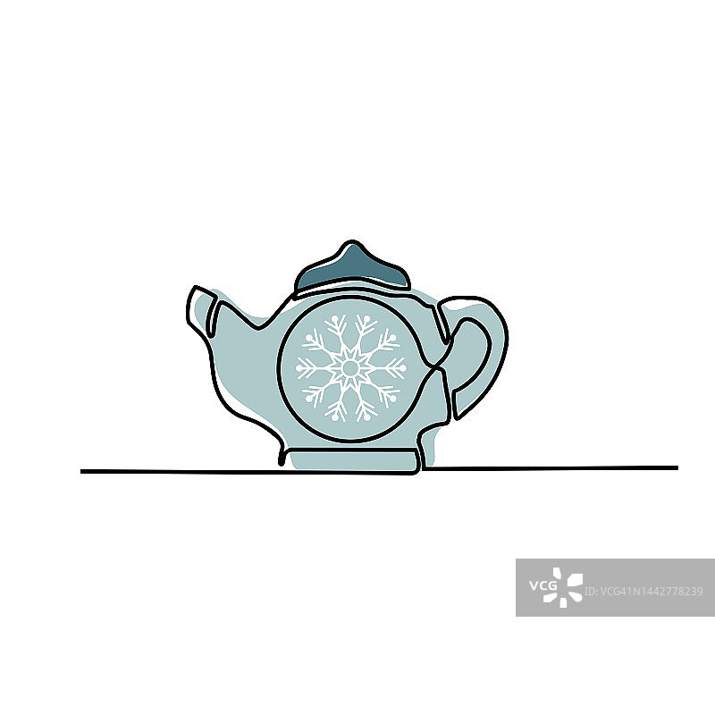 茶壶。连续画线。茶壶标志与一个轮廓线性。线性矢量插图。白色背景图片素材