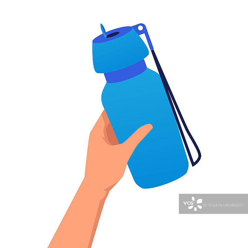手持可重复使用的苏打水或纯净水瓶，平矢量隔离。图片素材
