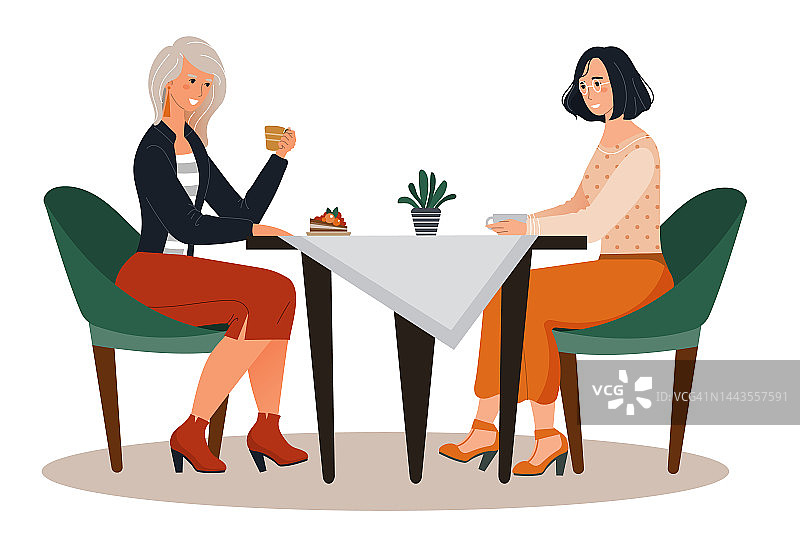 朋友性格的女人坐在咖啡馆喝咖啡喝茶，女性交流谈笑风生的舒适地方孤立在白色，平坦的矢量插画上。图片素材