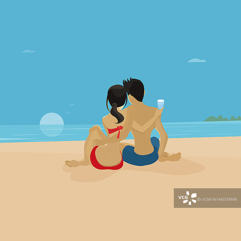 幸福微笑的情侣夫妇男人和女人字符坐在海滩的海岸的海洋图片素材