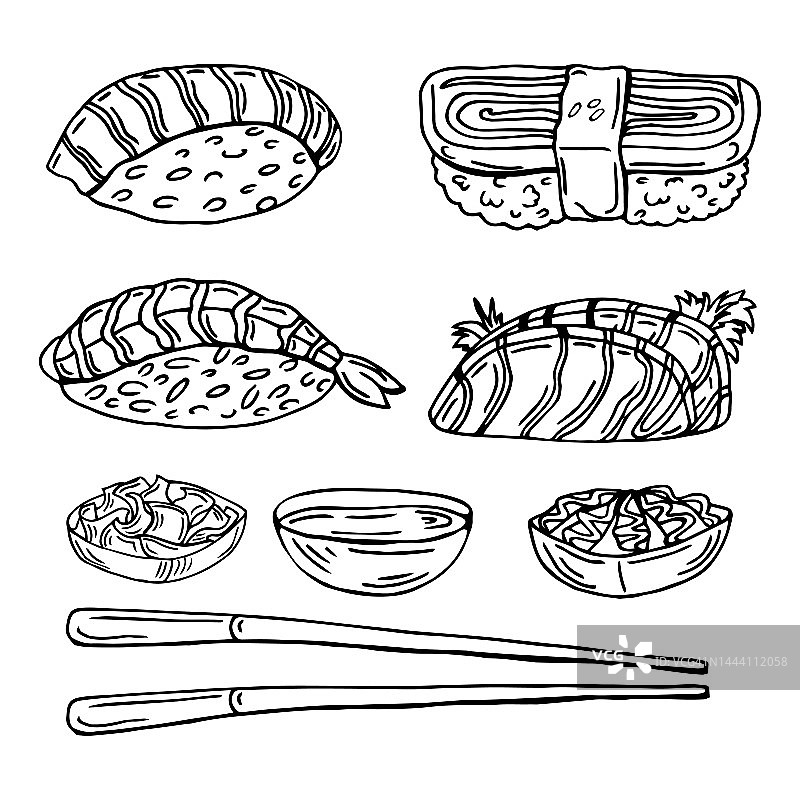 寿司和卷涂鸦套装。速写风格的日本料理。手绘矢量插图孤立在白色背景图片素材