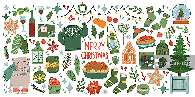 圣诞大元素集饼干，房子，礼物，毛衣，毛皮树，花环。贴纸。手绘风格图片素材