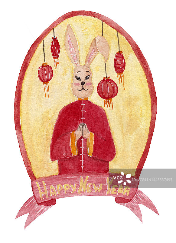 彩色水彩插图，明信片上有一只兔子穿着传统的红色服装和简单的字母。图片素材