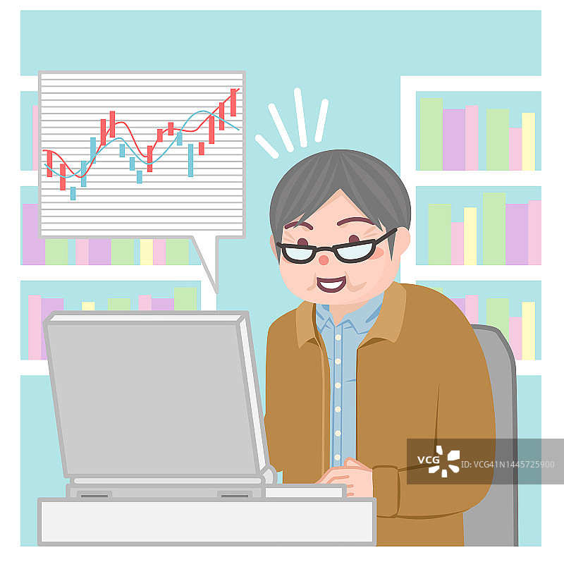 一位年长的男性正在用电脑交易股票。图片素材