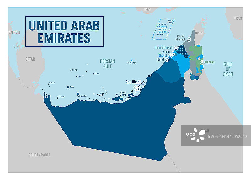 阿拉伯联合酋长国国家政治地图。详细的矢量插图与孤立的省，部门，地区，城市，岛屿和国家容易取消分组。图片素材
