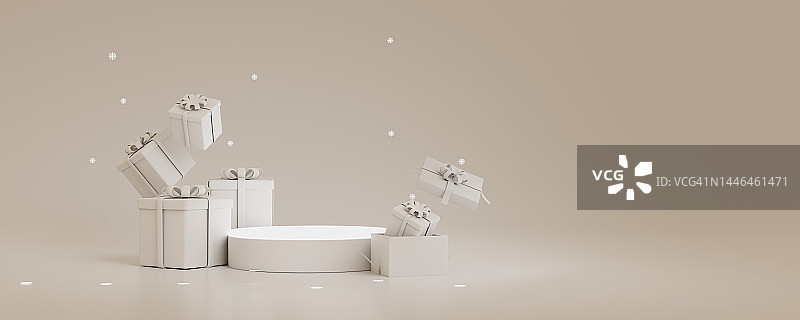 产品讲台白色场景与白色礼盒圣诞快乐和新年节日横幅。图片素材