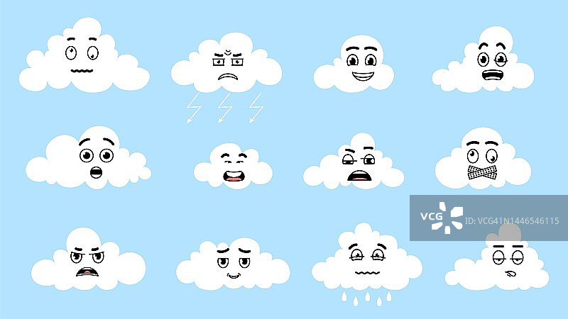 可爱的卡通白云表情脸。孤立的云用雨滴，天气的情感符号。奇异幼稚的自然元素，矢量贴纸图片素材
