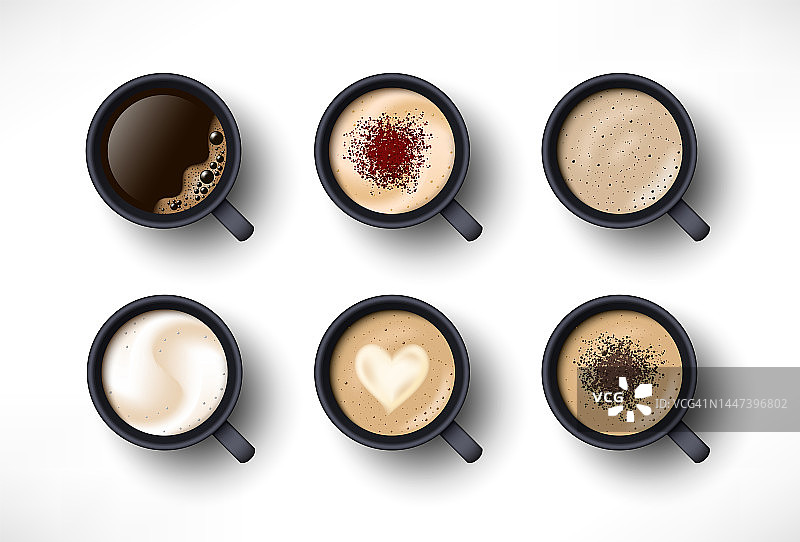咖啡杯的分类设置。黑咖啡，卡布奇诺，浓缩咖啡，拿铁，玛奇朵，摩卡，可可。易于编辑现实的矢量集合。三维模型美国在黑色杯子隔离在白色图片素材
