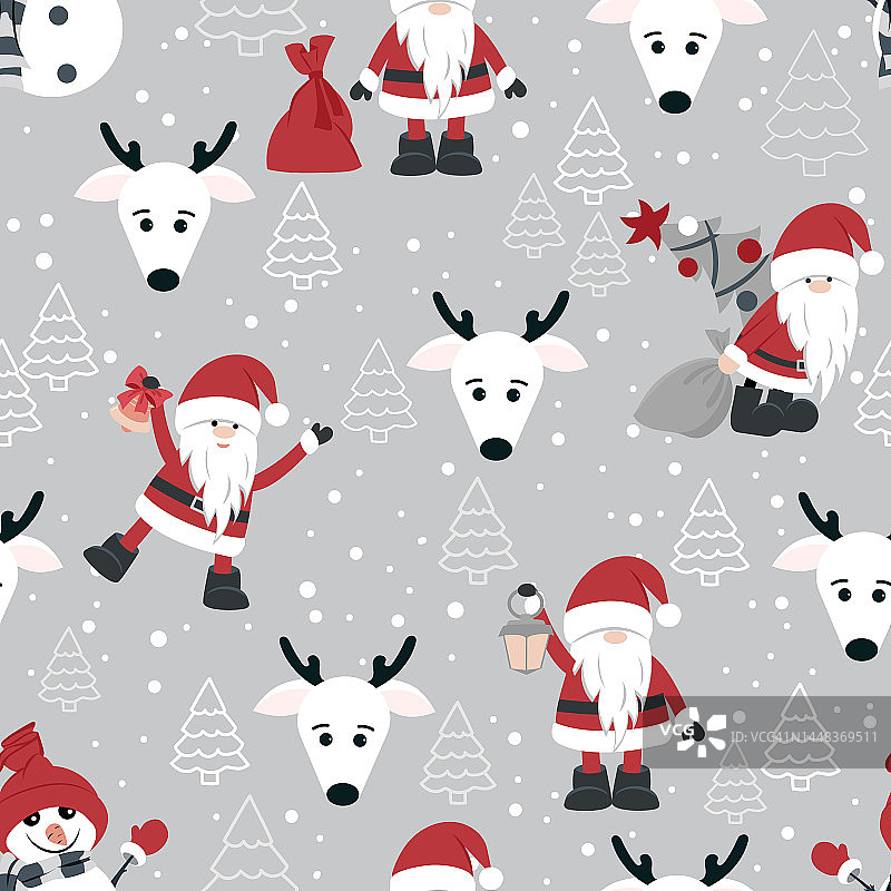 可爱的圣诞图案有圣诞老人、圣诞树和驯鹿。无缝矢量模式。图片素材