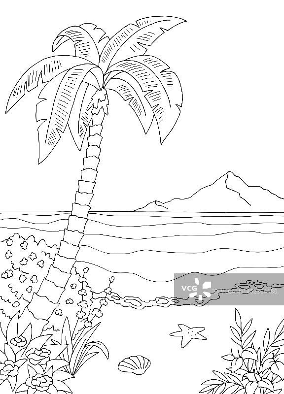 海海岸图形黑白景观素描垂直插图矢量图片素材