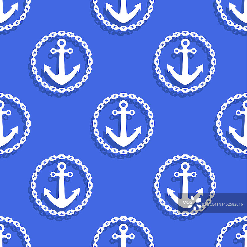 白色的船锚和链孤立在蓝色背景上。可爱的无缝图案。矢量简单平面图形说明。纹理。图片素材