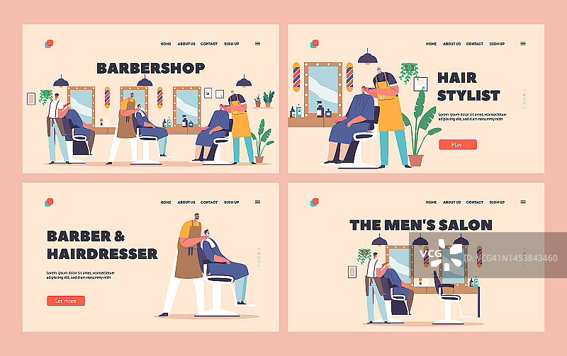 理发店登陆页模板集。男性角色去理发店理发。理发师服务客户图片素材