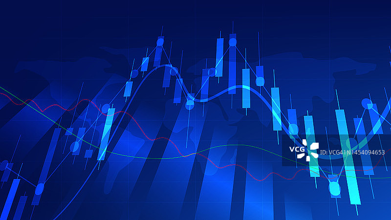 经济和金融概念。金融业务投资统计与股票市场烛台和柱状图在蓝色背景图片素材