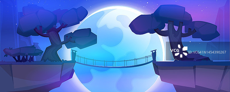夜晚有山、吊桥、月亮的卡通景观图片素材