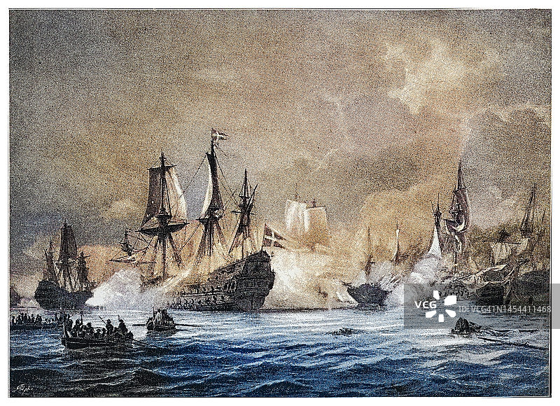 1677年7月，斯堪尼亚战争期间，丹麦-挪威和瑞典之间的海战，Køge湾战役的古老雕刻插图图片素材