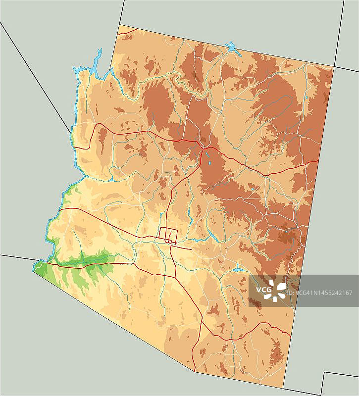 高度详细的亚利桑那州物理地图与标签。图片素材