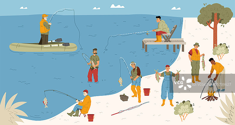 渔民用钓竿在河里捕鱼图片素材