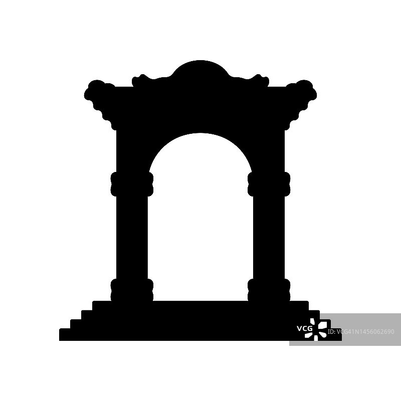 拱门与柱和楼梯图标。黑色的轮廓。垂直前视图。矢量简单平面图形说明。白色背景上的孤立物体。隔离。图片素材