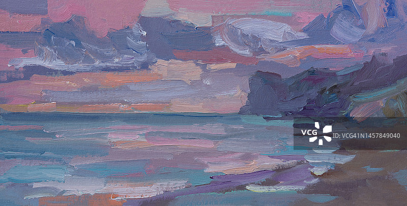 海景落日油画。图片素材