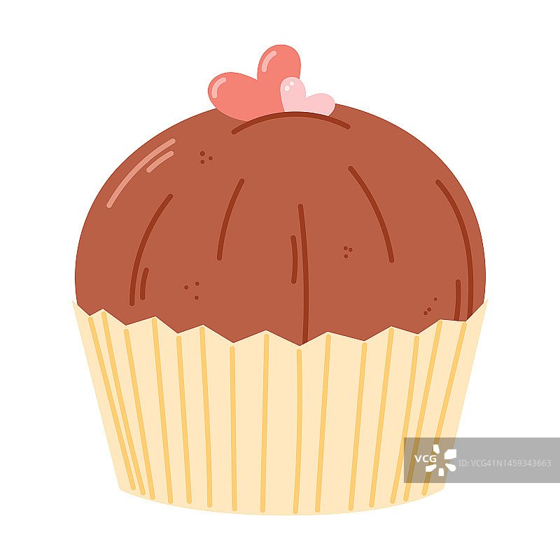 有心形装饰的巧克力纸杯蛋糕或松饼。矢量孤立的卡通插图的甜点。图片素材