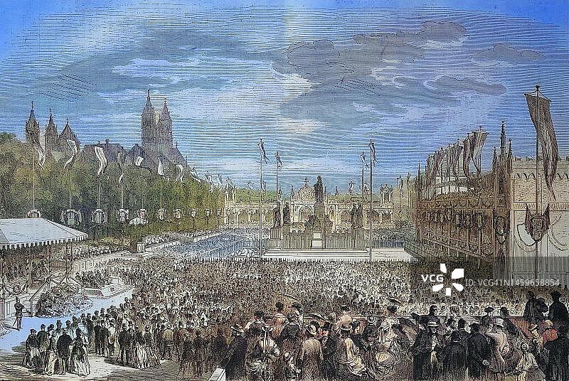 1868年6月25日，德国沃尔姆斯路德纪念碑的揭幕仪式，历史性的，19世纪原始的数字修复复制品，确切的原始日期未知图片素材