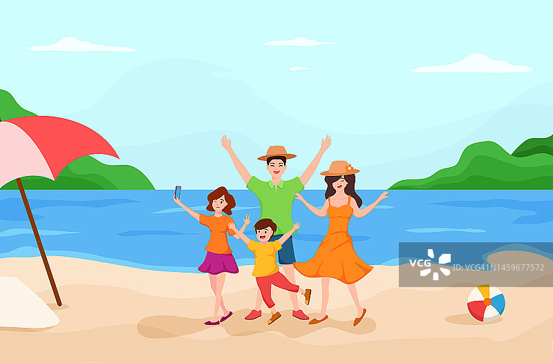 爸爸，妈妈，女儿和儿子一起在海滩上享受家庭旅行，图片素材