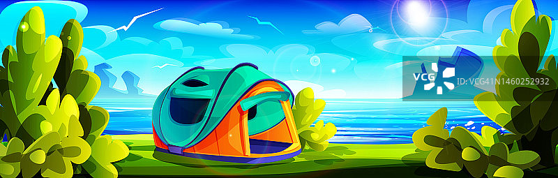 露营和卡通风格的旅游概念。阳光明媚的夏季山地景观，游客帐篷在河流和郁郁葱葱的绿色植物的背景下。图片素材