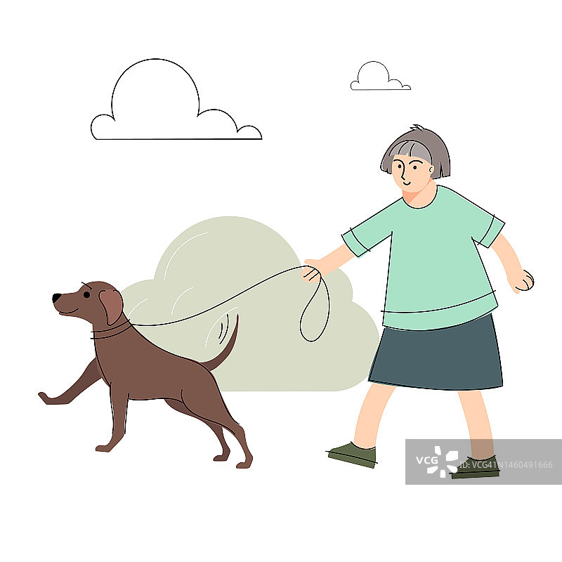 快乐的老妇人在夏日公园遛狗。快乐的主人和家畜在户外散步。矢量平面插图。图片素材