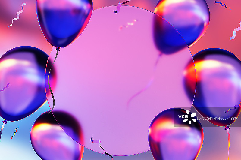 多色气球在紫色，蓝色的天空背景。美丽的3D问候背景，全景横幅。副本的空间。图片素材