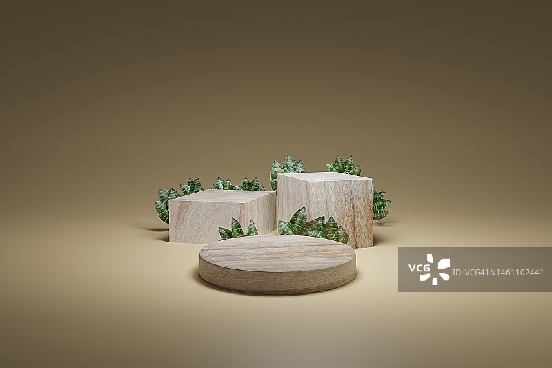 绿色植物和复制空间的木质讲台，3d渲染图片素材