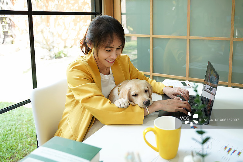 年轻人在家里用笔记本电脑工作，早上喝咖啡，在家里和剪下来的小狗一起放松。图片素材