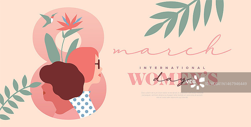 3月8日妇女节粉红热带叶女人卡图片素材