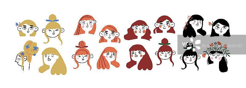 矢量组的女孩肖像在白色。闪闪发光的女孩肖像，红头发的女孩，棕色头发的女孩，黑色头发的女孩。女性多样性海报。矢量图图片素材