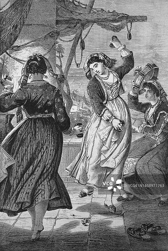 意大利舞蹈塔兰泰拉，1869年在意大利伊斯基亚，历史上，19世纪原始的数字修复复制品图片素材
