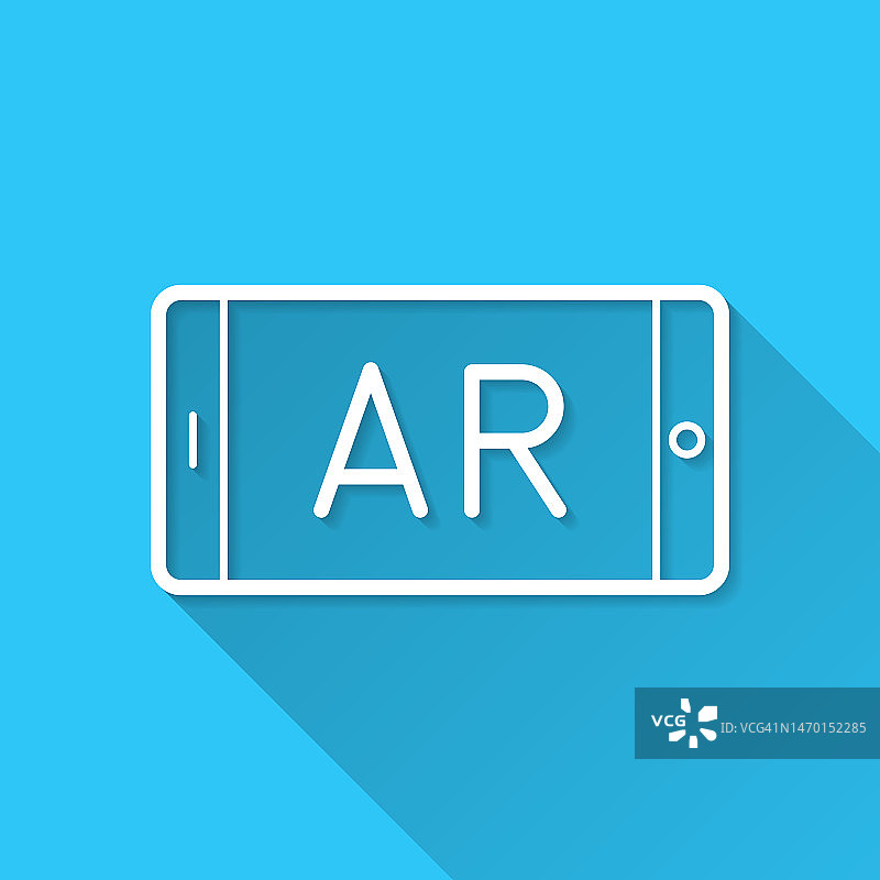 AR智能手机上的增强现实。图标在蓝色背景-平面设计与长阴影图片素材
