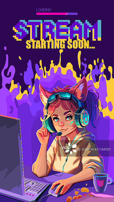 女孩游戏玩家或带猫耳耳机的主播坐在电脑前。图片素材