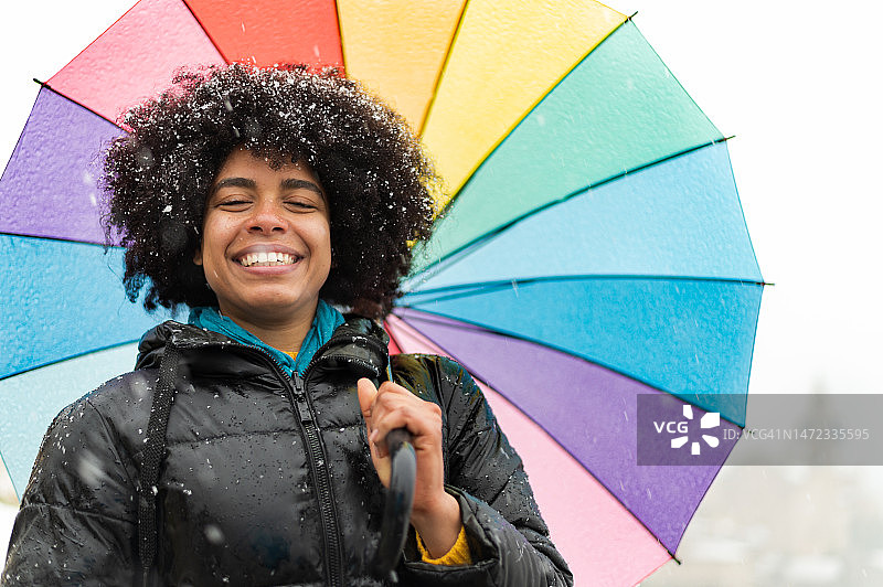一名非洲妇女在大雪中举着一把彩色雨伞图片素材