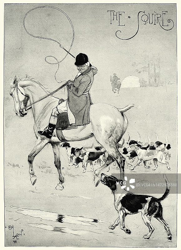 传统的英国乡绅，骑着他的马和他的一群猎犬，英格兰，1890年代，19世纪图片素材