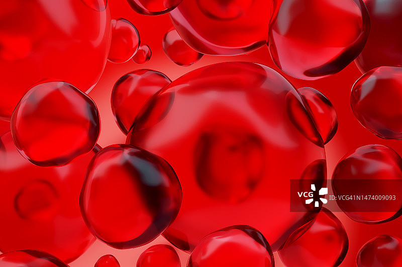 红色分子，液滴。3D气泡图案。美丽的背景。血细胞。医药和保健。图片素材