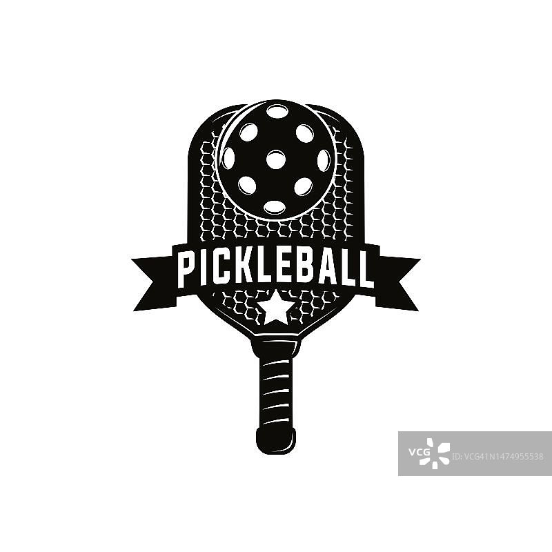 泡菜球运动图形模板。匹克球俱乐部游戏锦标赛矢量插图。图片素材