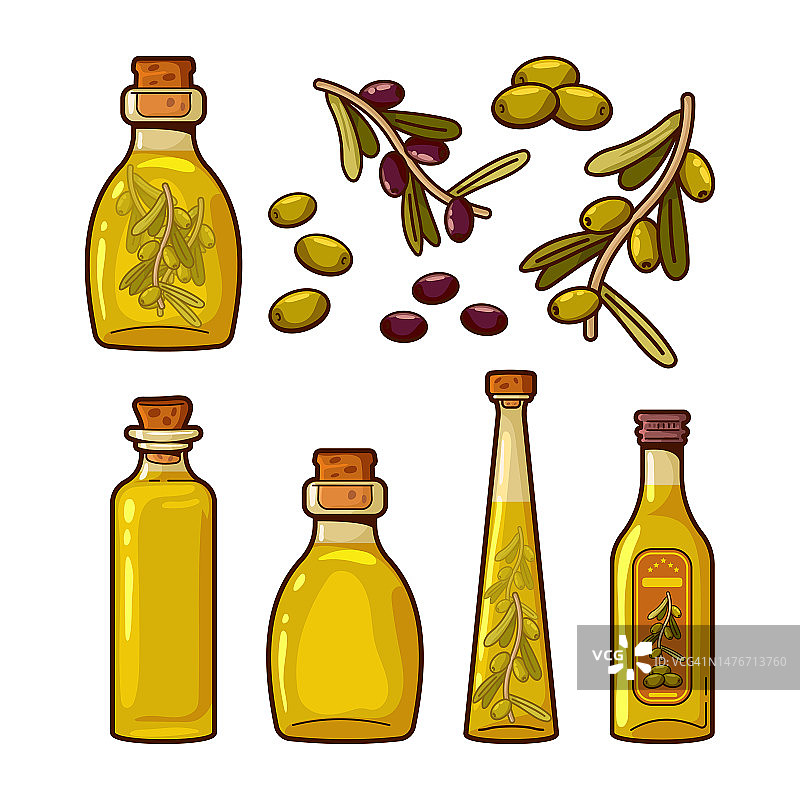 橄榄油和树枝矢量卡通集孤立的白色背景。图片素材