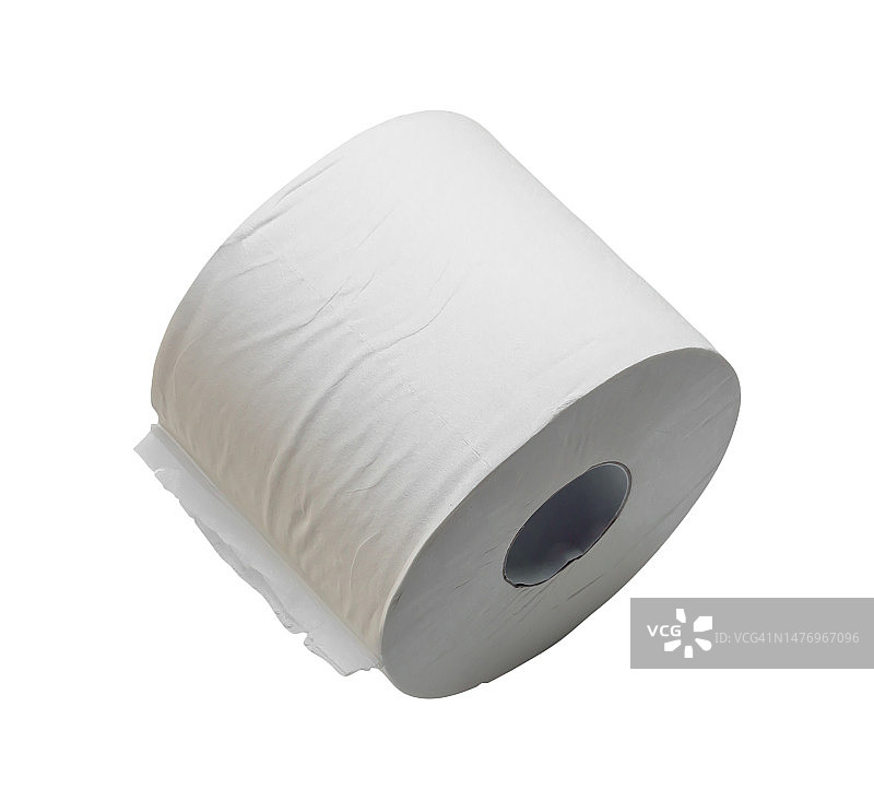 近距离照片的单卷白色纸巾或餐巾纸准备使用在厕所或卫生间隔离在白色背景与裁剪路径图片素材
