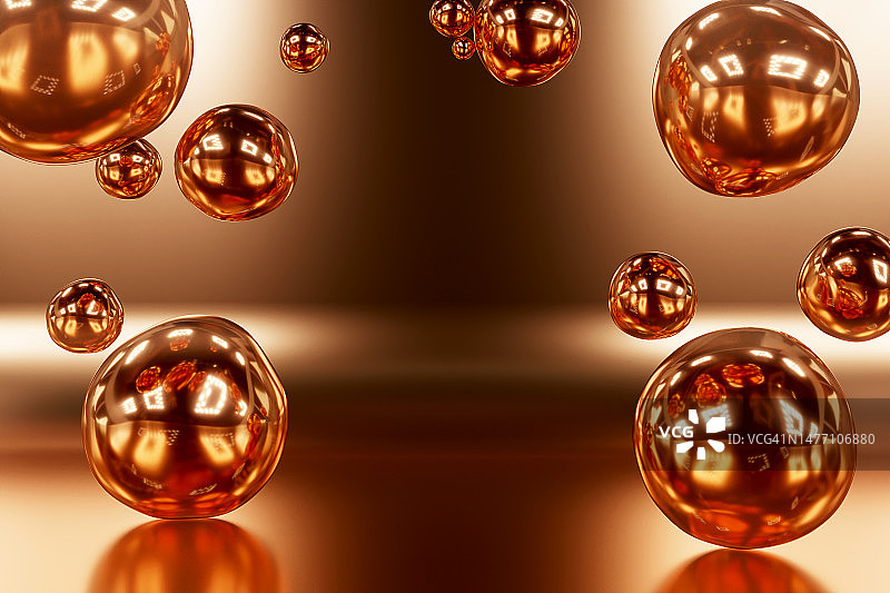 闪亮的金滴，分子。三维球体，气泡图案。美丽的抽象未来金色背景。图片素材